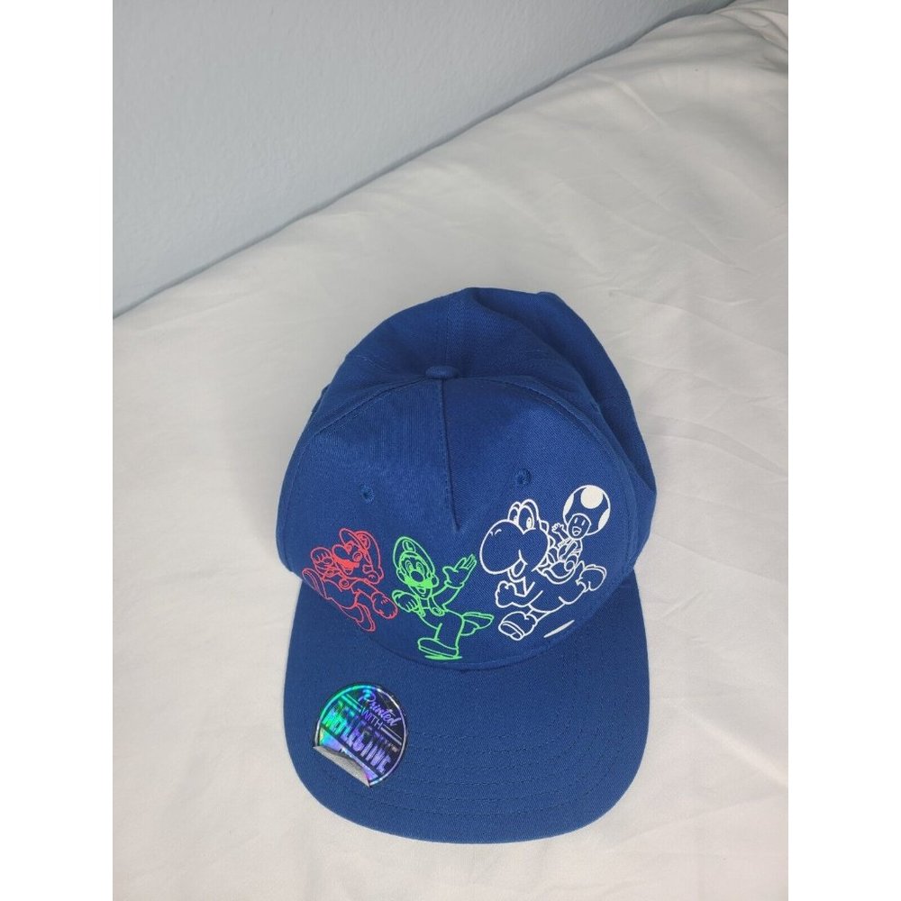 Super Mario Brothers Youth Hat Blue W/ Reflective Ink Mario Luigi Yoshi Adjust.